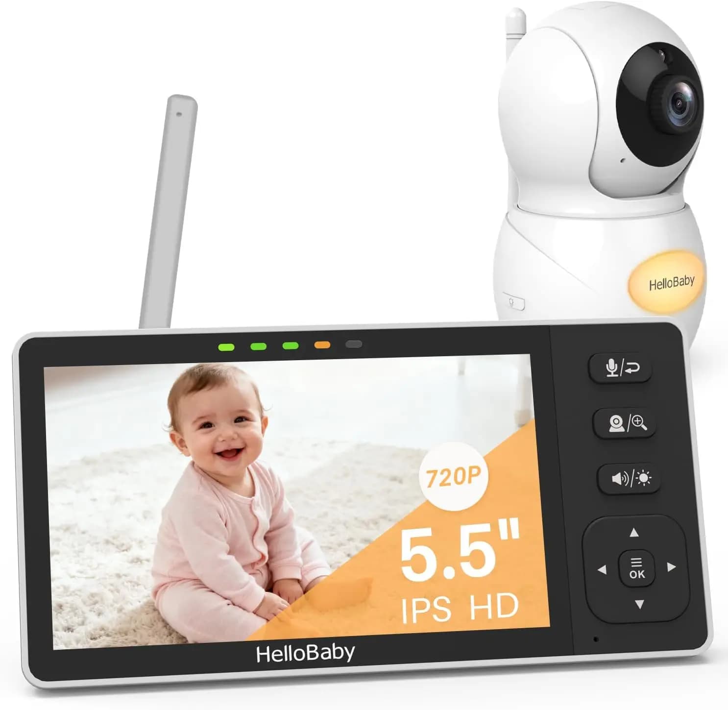 Monitor per Bambini HD da 5.5'' con Telecamera 1080P, Senza WiFi, Sicurezza Anti-Hack, Portata 300m, Pan-Tilt-Zoom, Visione Notturna e Luce
