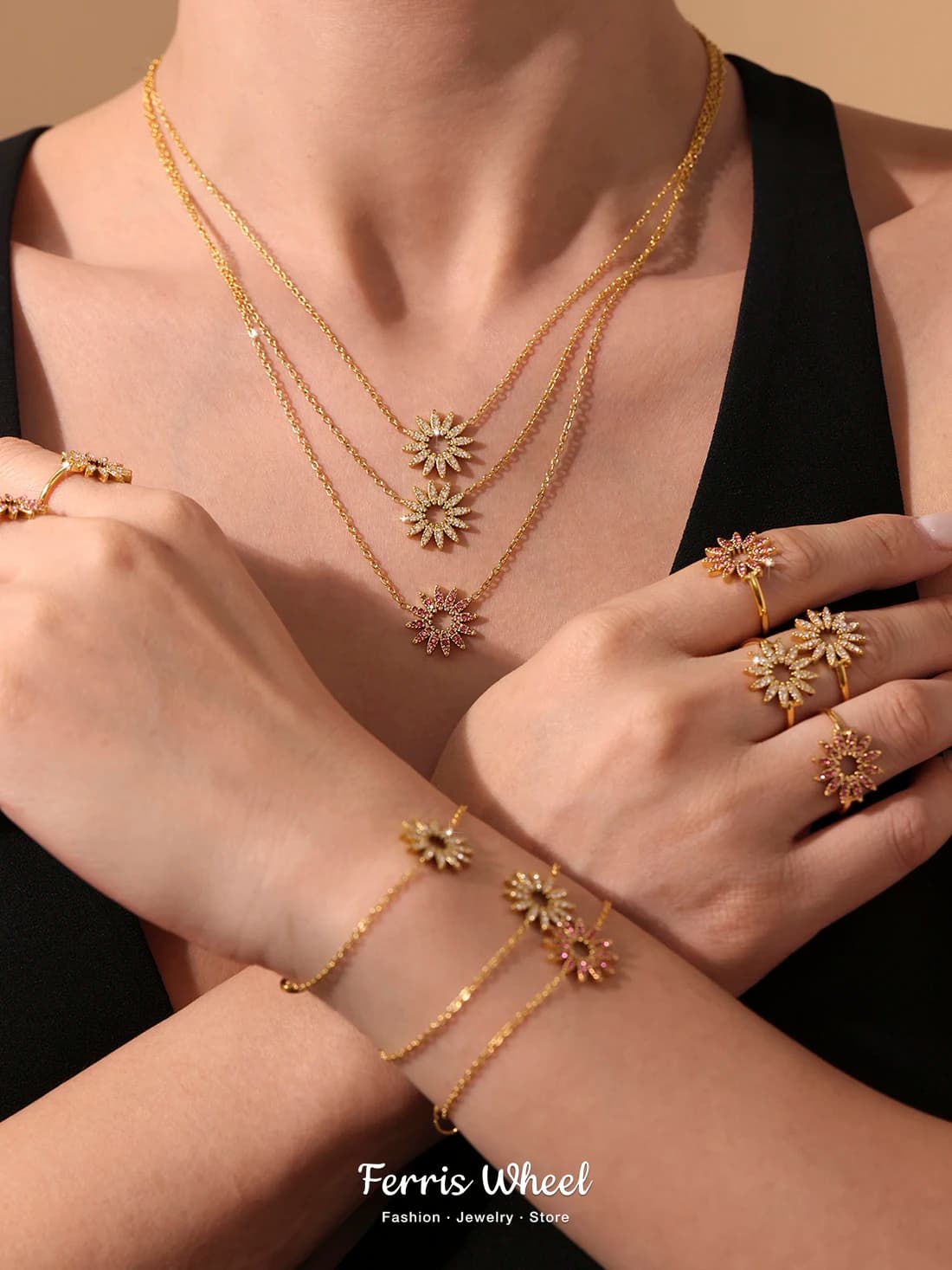 Ferris Wheel Luxury Zircon Necklace Bracelet Ring For Women Flower Pendant Gold Plated Chain Stainless Steel Charm Jewelry Gift