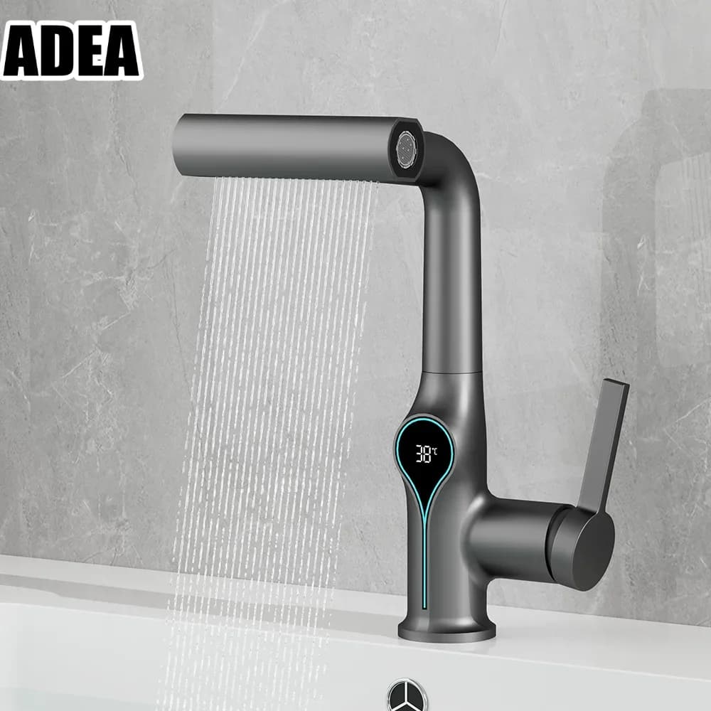 Rubinetto per Lavabo con Display Digitale della Temperatura, Miscelatore con Getto a Cascata Sollevabile, Acqua Calda e Fredda per Bagno