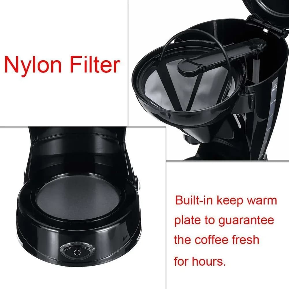 12 cup compact coffee maker with glass jug and nylon filter basket reusable for making coffee and tea at home and in office