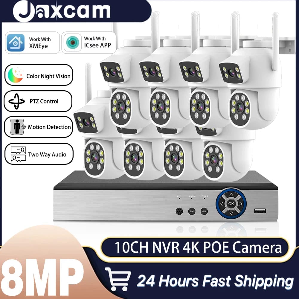 Kit NVR POE 4K 10CH con Telecamera di Sicurezza WIFI PTZ a Doppia Lente 8MP, Sistema di Tracciamento Automatico, Set di Telecamere IP per Videosorveglianza Domestica Esterna