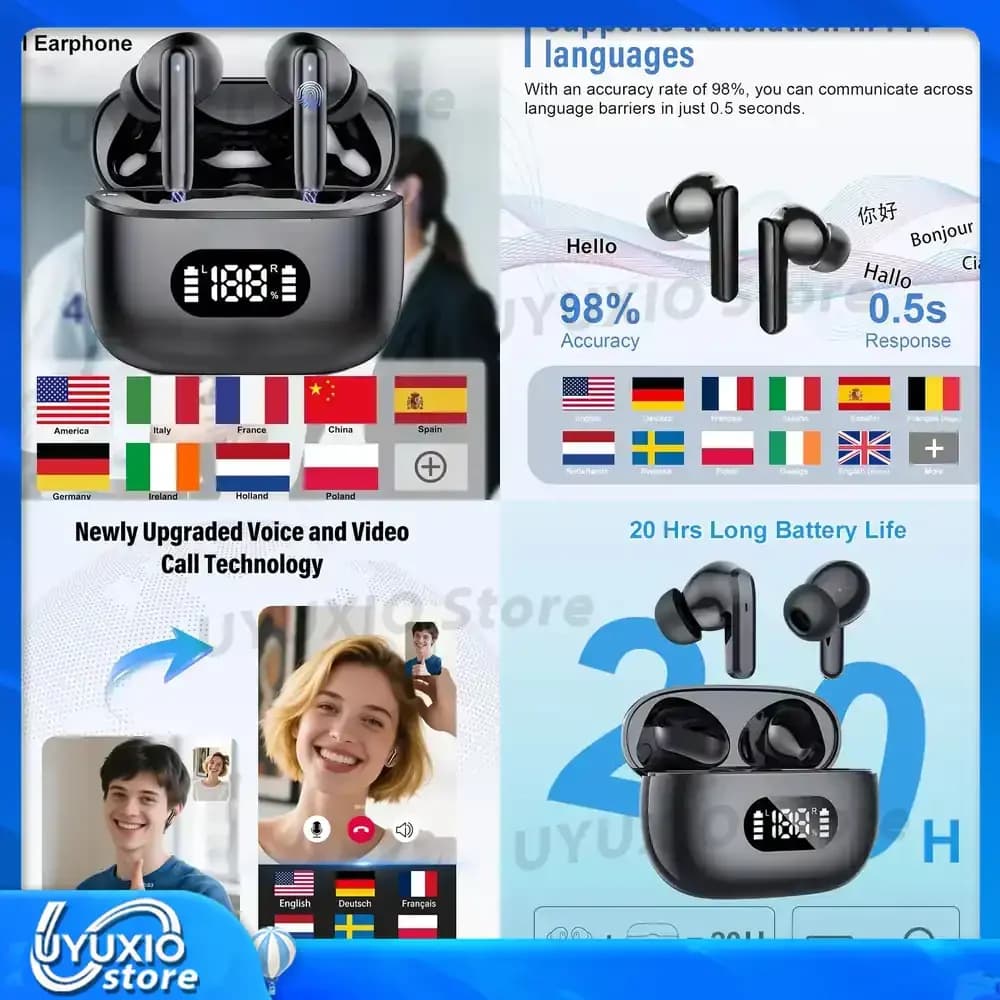 Auricolari UYUXIO con Traduzione AI in Tempo Reale, Cuffie TWS con 144 Lingue di Traduzione Online, ANC e ENC per il Business