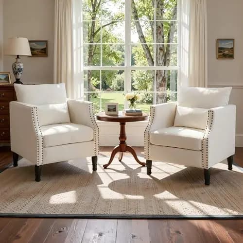 Accent Chairs Set of 2, Linen Living Room Reading Chairs with Removable Lumbar Pillow, Modern Upholstered Side Armchair