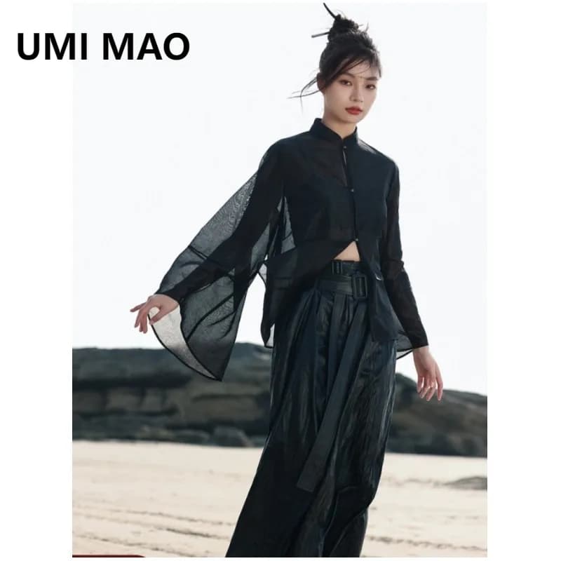 UMI MAO Nuovo Stile Cinese Camicia Giacca Per Le Donne SpringThin Retro Nero Allentato Traslucido Aceto di Ghiaccio Top di Seta Femme Y2K