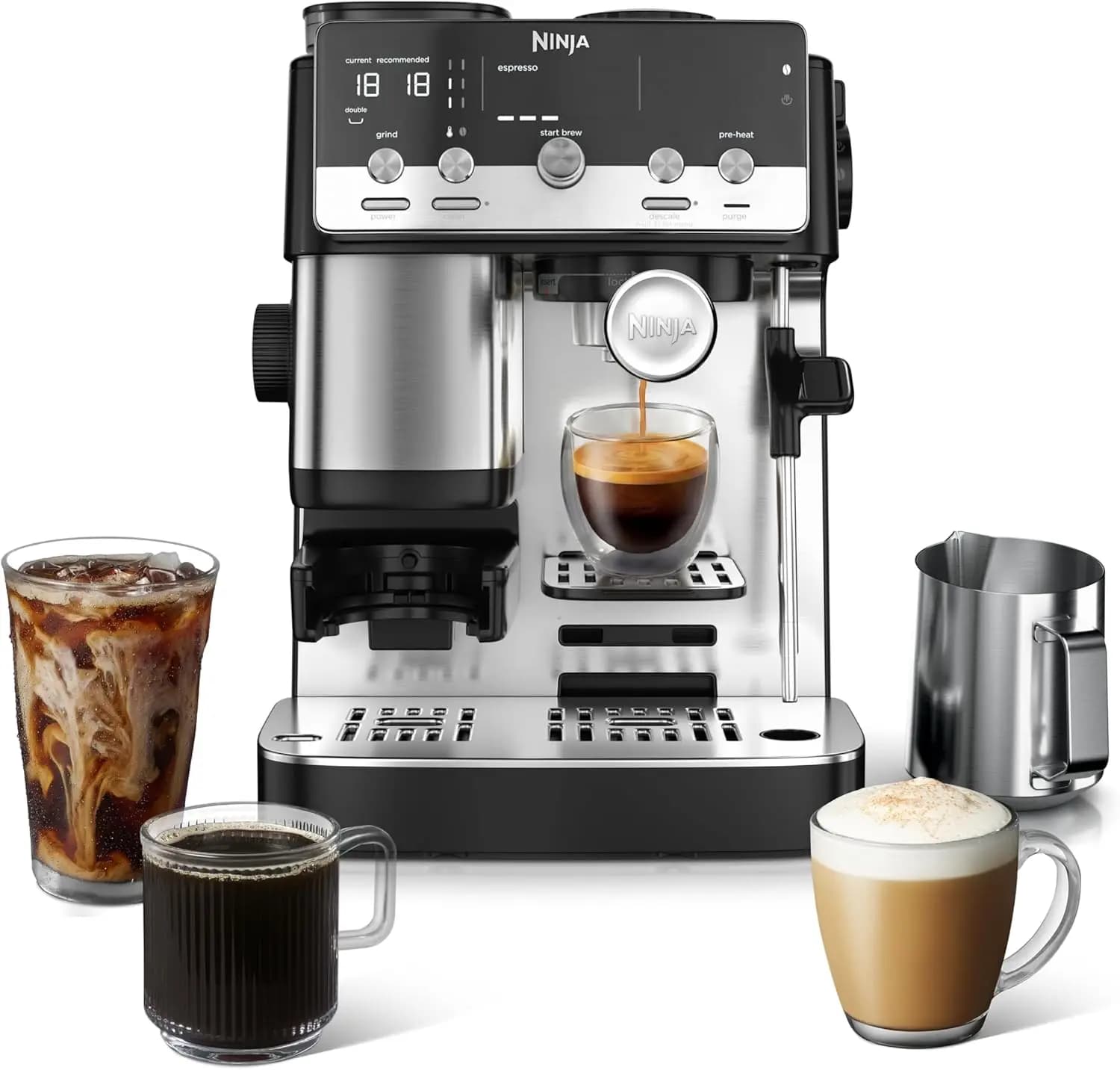 2-in-1 Espresso Machine and Drip Coffee Maker with Built-in Burr Grinder, Precision Scale, and Manual Steam Wand for Lattes, Cap