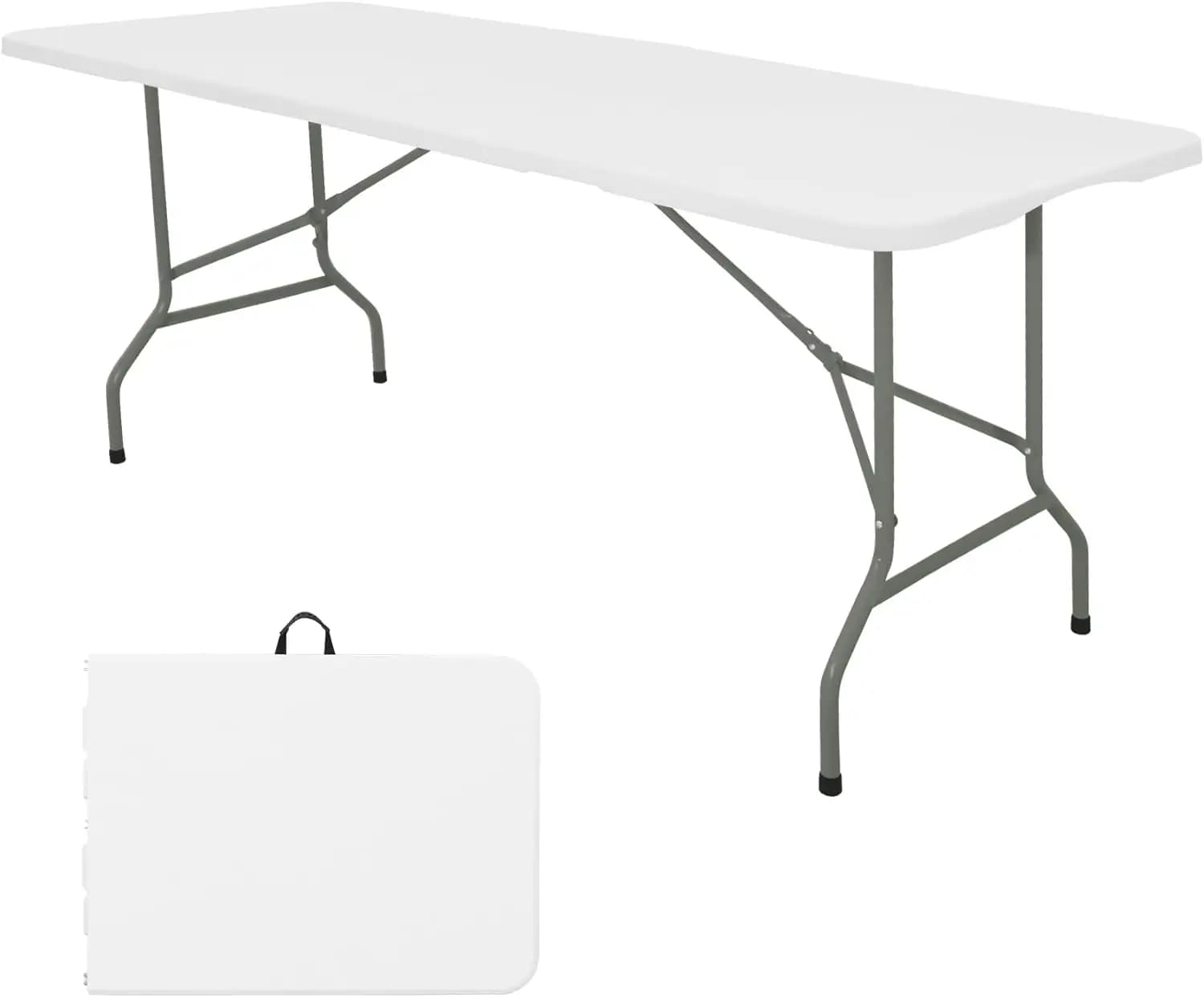 Tavolo Pieghevole Portatile 8 FT, Rettangolare in Plastica Resistente con Gambe in Acciaio per Campeggio, Picnic, Feste ed Eventi, Bianco