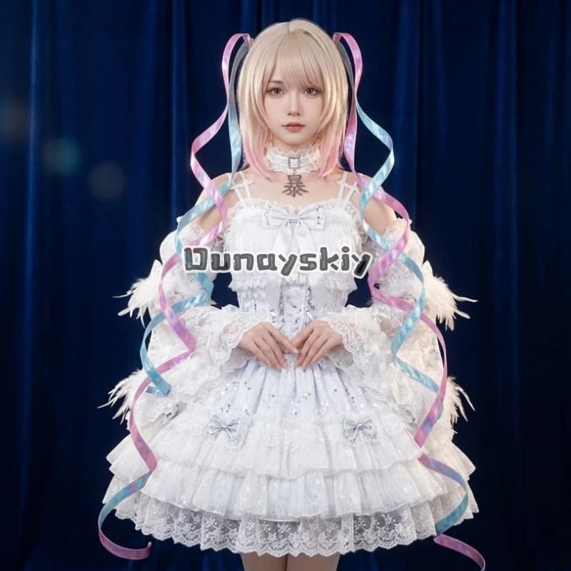 Costume Cosplay Completo KAngel Angel Devil Rain dal Gioco NEEDY GIRL OVERDOSE, Abito Lolita Bianco con Parrucca, Costumi di Halloween
