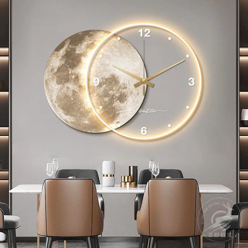 Wabi-sabi style restaurant decoration paintings, high-end with clocks, moon LED lights, living room wall paintings, bedside mura