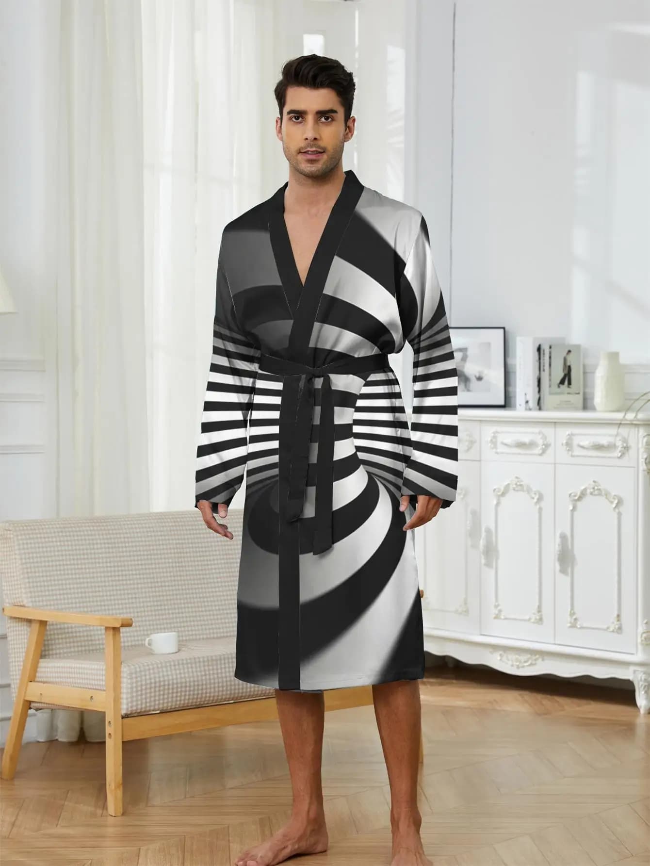1 Pezzo Vestaglia da Uomo Primavera/Estate 2026, Vestaglia Lunga da Notte e da Bagno in Poliestere con Stampa 3D, Abbigliamento da Notte Grafico