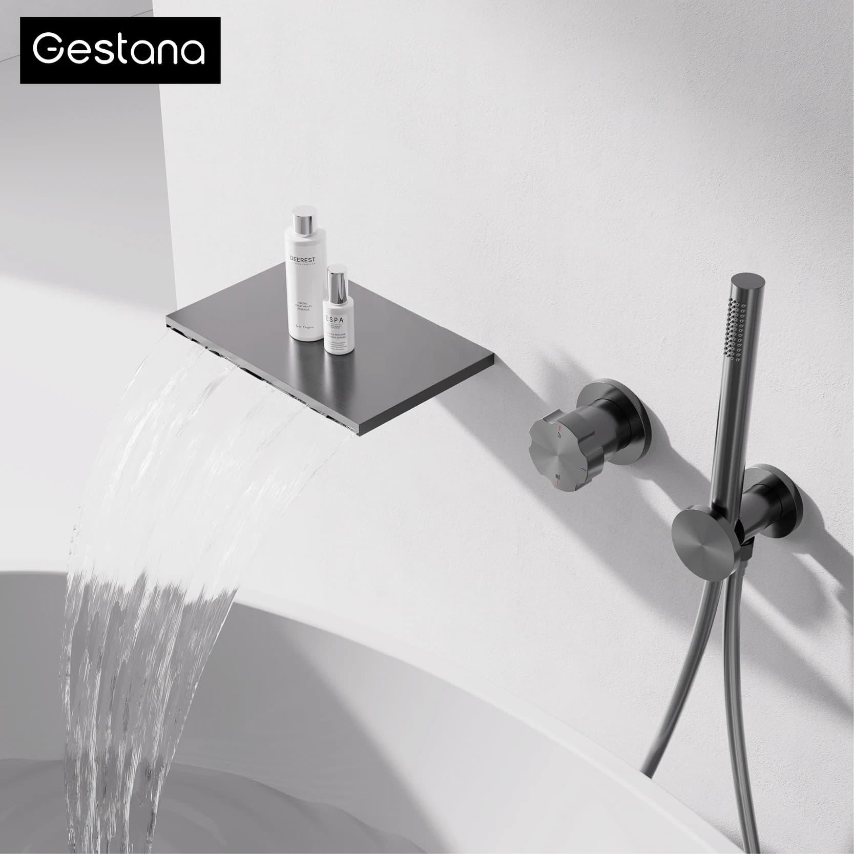 Grey brass wall-mounted bathtub faucet with minimalist design gun, hotel grade waterfall bathtub spout