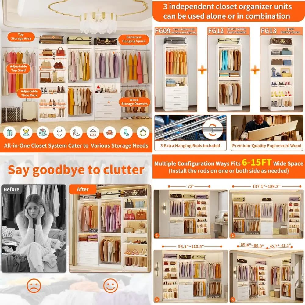 Sistema Armadio o 3 Set, Organizzatore Armadio in Legno da 6-15T con 3 Cassetti e 7 Ripiani, Sistema di Scaffalature per Cabina Armadio con