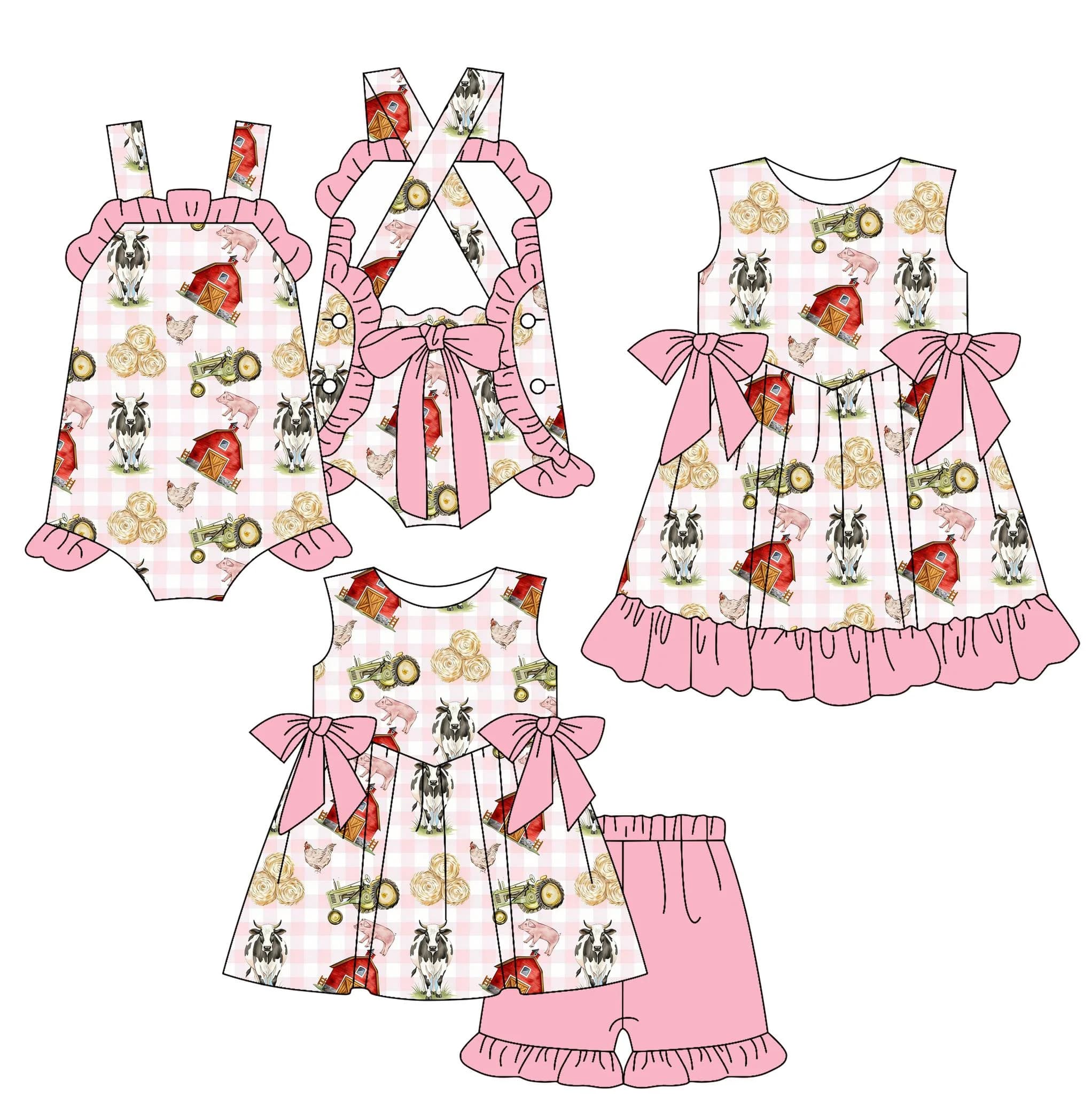 Wholesale Girls Shorts Set Boutique Farm Animal Tractors Clothes Sleeveless Bow Girls Dresses Baby Romper