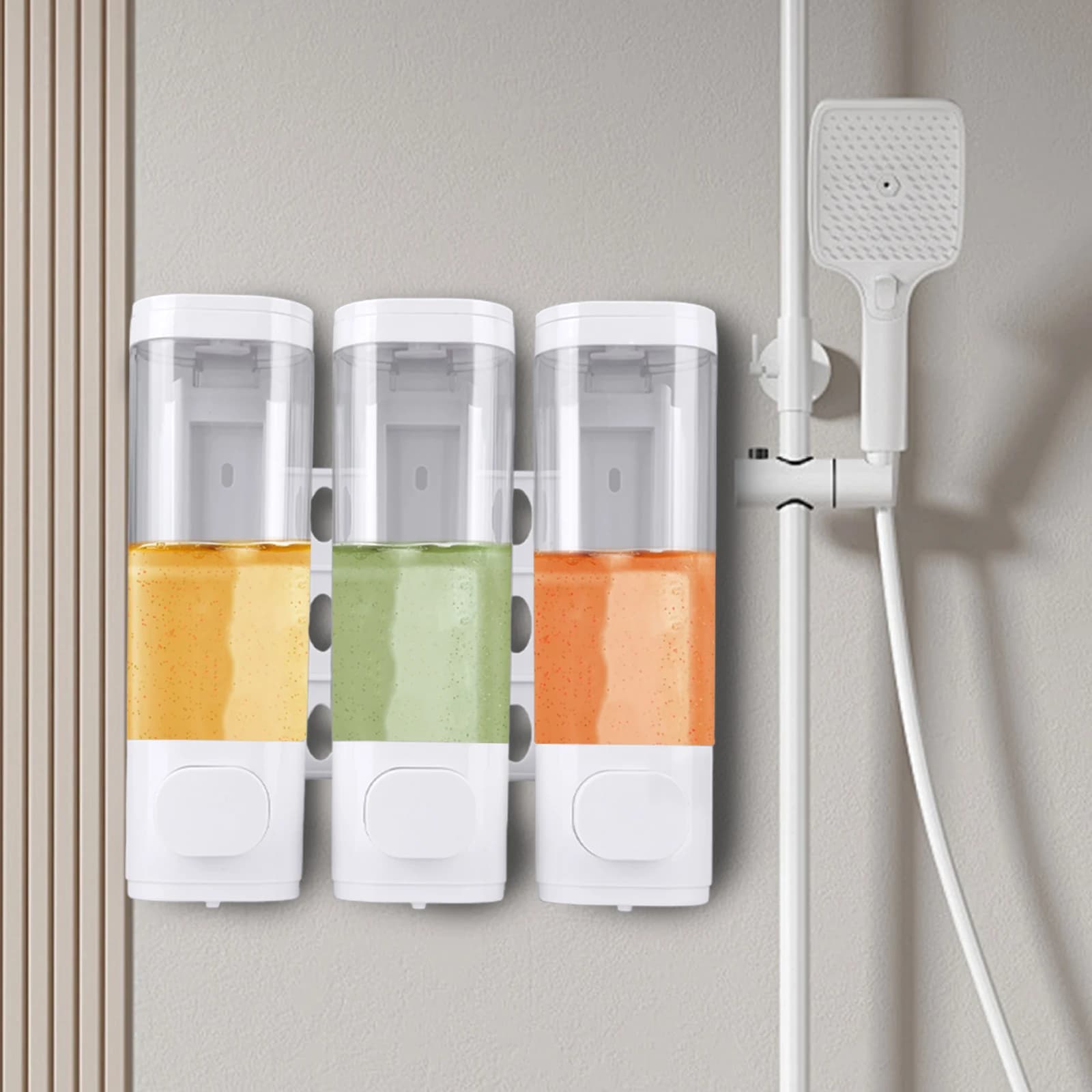 Dispenser 3-in-1 per Shampoo e Balsamo, Montaggio a Parete, Separatore Doccia, Erogatore per Balsamo e Bagnoschiuma, Dispenser per Sapone Liquido da Bagno