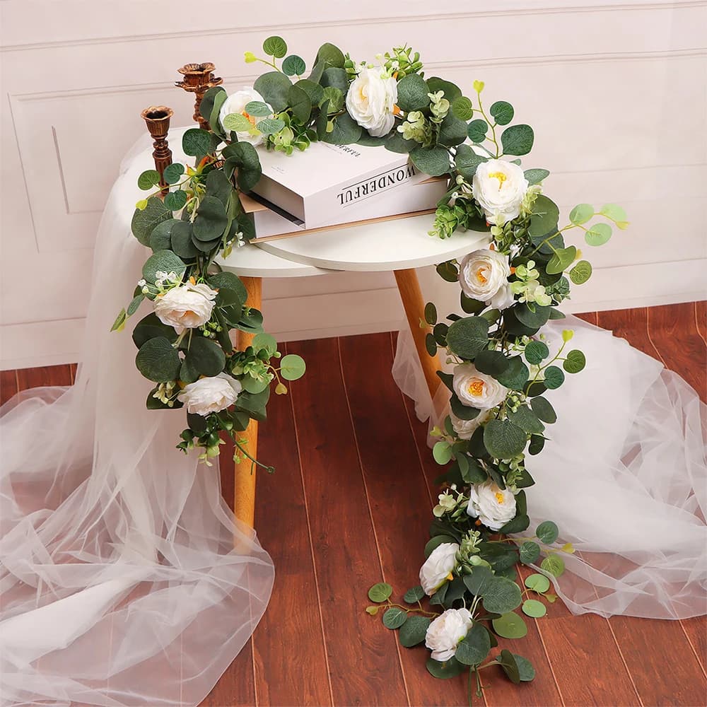 175/180 cm Artificial eucalyptus vines Faux hanging plants Fake apple leaves White Rose Rattan Silk garland for wedding home decoration