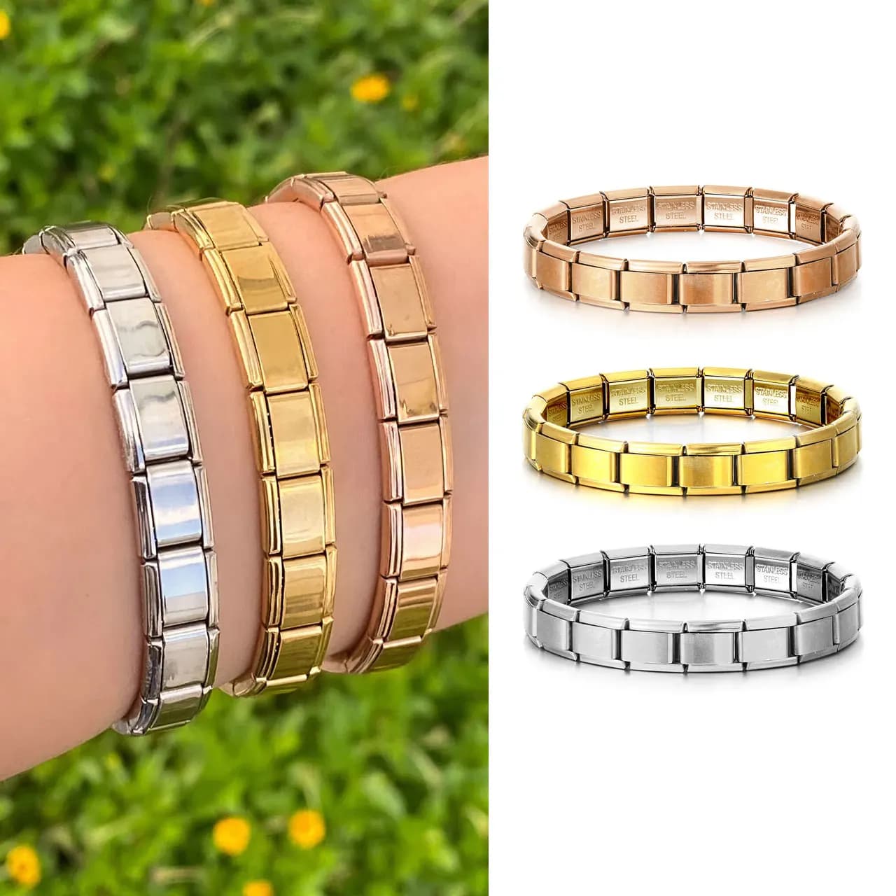 Bracciale in acciaio inossidabile con catena a maglie con ciondolo italiano semplice ed elastico alla moda per donna uomo braccialetto colorato a portata di mano regalo di gioielli fai da te