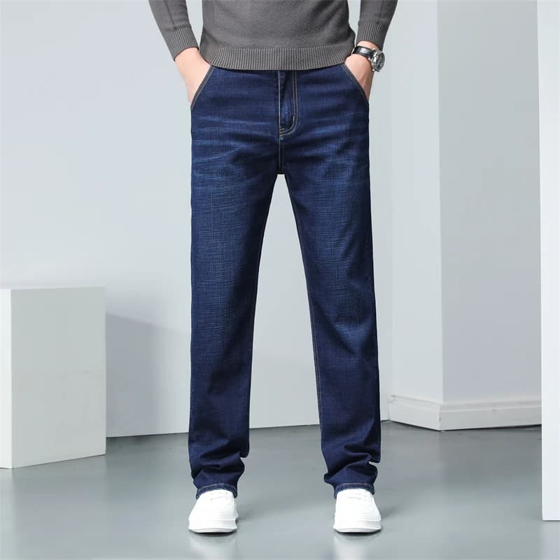Stile classico Midweight uomo business Stretch Regular Fit Jeans autunno blu Denim pantaloni di marca maschile