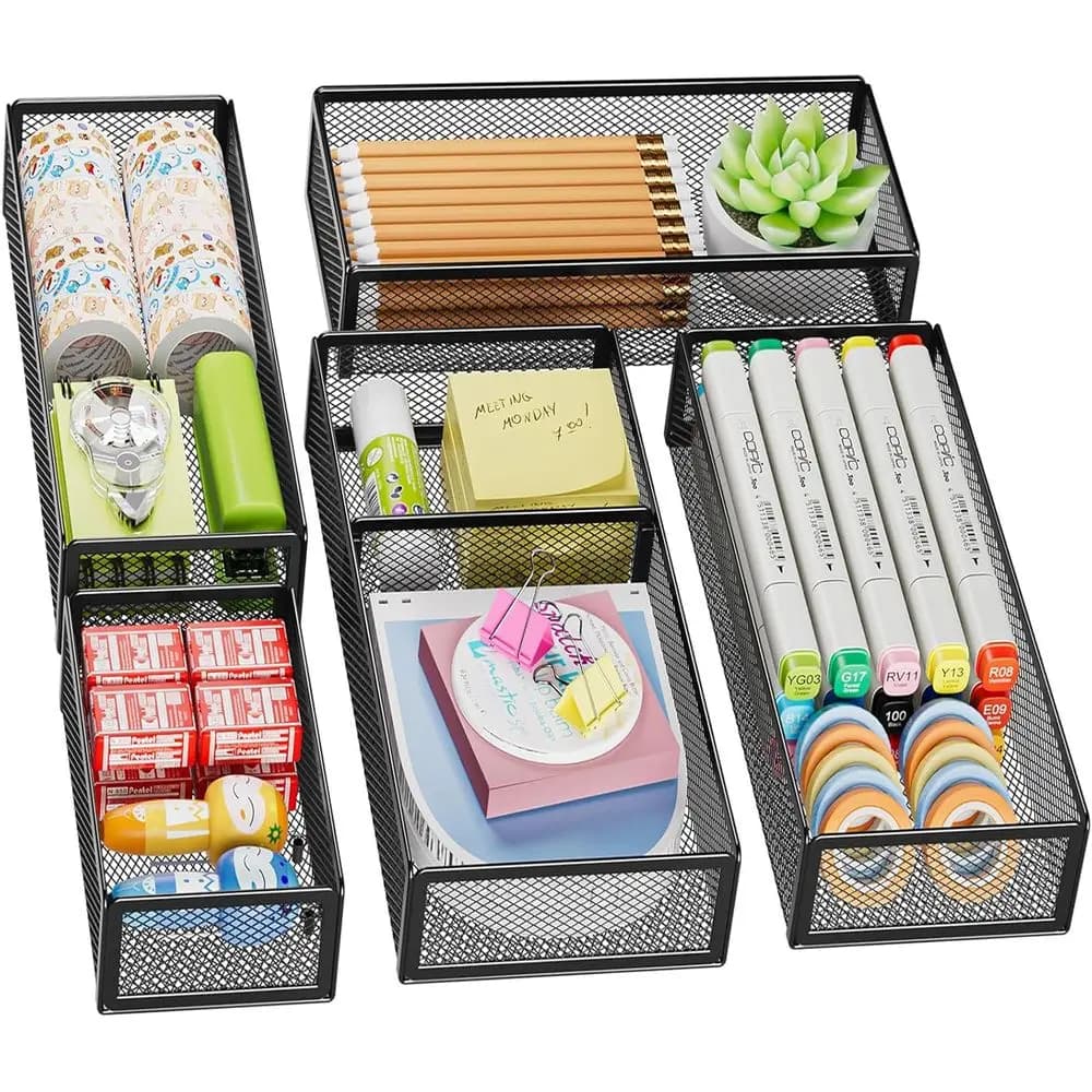 5-Piece Mesh Desk Organizer Set with Adjustable Divider - Office and Vanity Storage (Black)