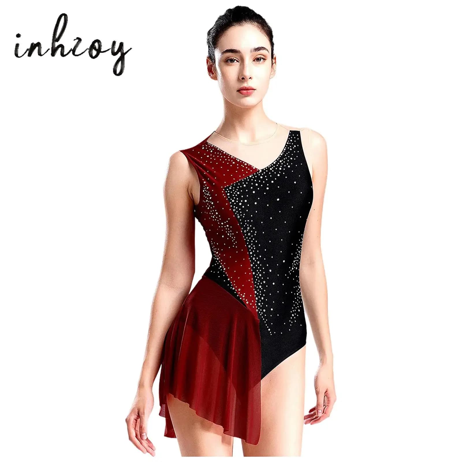 Costume da pattinaggio artistico da donna, balletto, danza lirica, ginnastica, body, abito da ballo senza maniche con strass