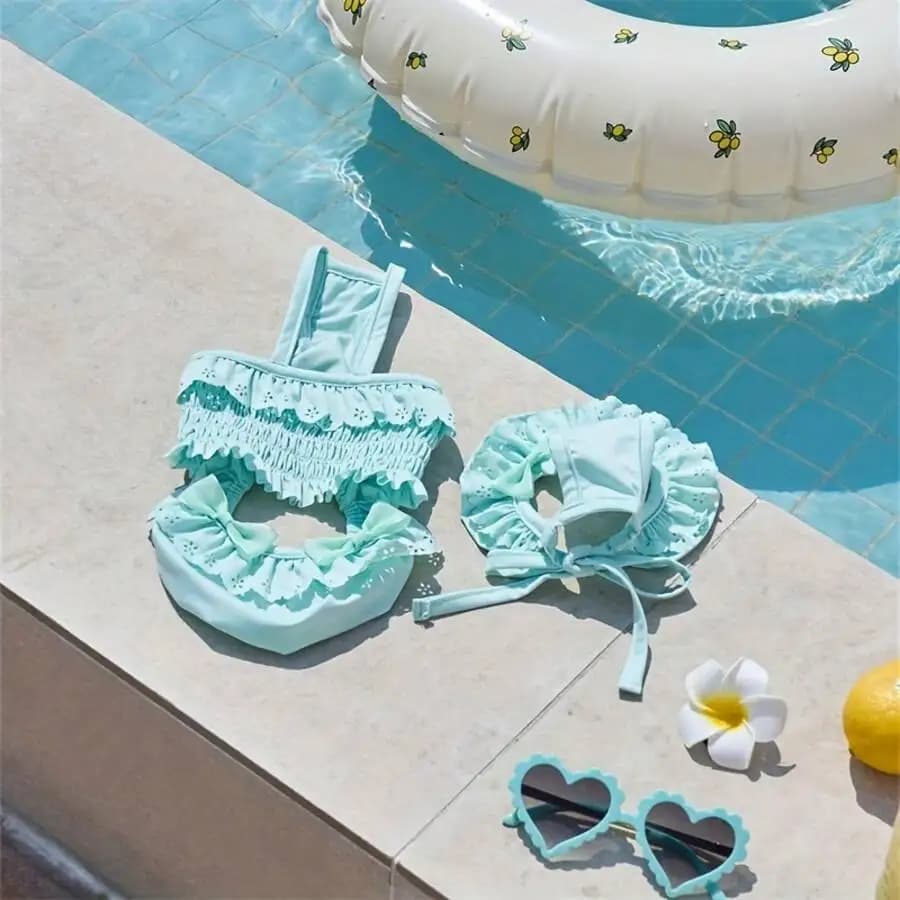 Pet Apparel: Blue Dog One-Piece Swimsuit With Ruffled Straps And Lace, Suitable Chihuahuas, Poodles, Pomeranians, And Other Small To Medium-Sized Dogs, One-Piece Suit With Hook And Hat, PET-DMN5A