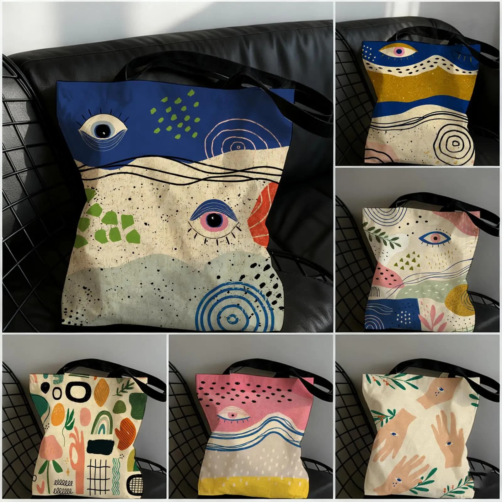 Eye Geometric Patterns Storage Bags Canvas Beach Bag Double-Sided Print Durable Shoulder Handbag for Shopping & Daily Use