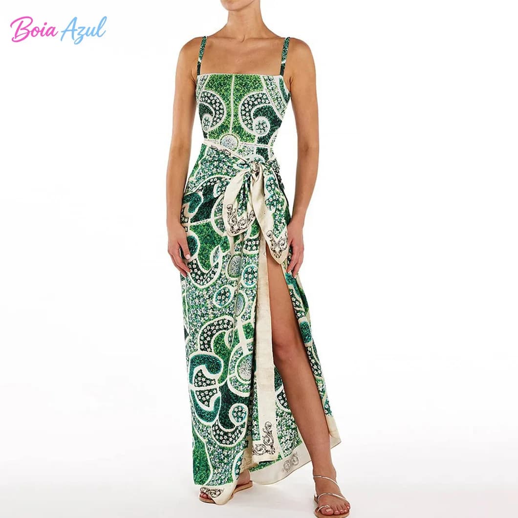 Boia Azul - Green Print One-Piece Swimsuit Slim Shoulder Belted Body-Conforming Beach One-Piece Swimsuit Sexy Ladies' Swimsuit