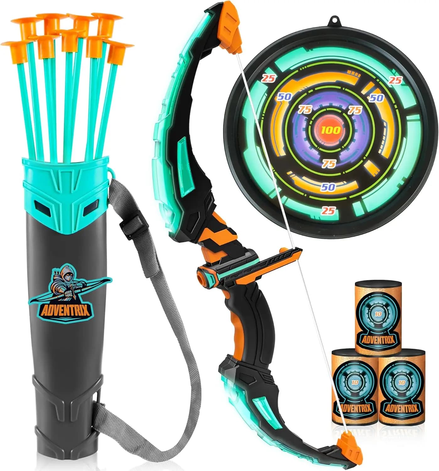 JOYFY Set arco e frecce per bambini Giocattolo per tiro con l'arco illuminato a LED con 9 frecce a ventosa Bersaglio per bambini dai 6 ai 12 anni Regalo da gioco all'aperto