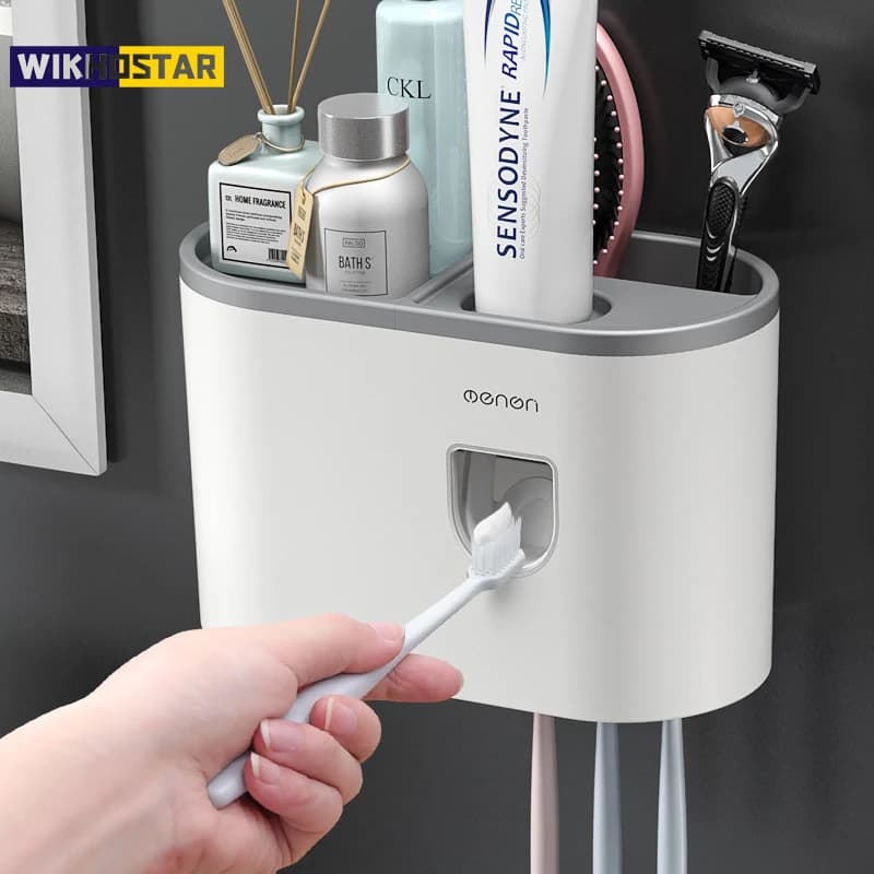 WIKHOSTAR Dispenser automatico di dentifricio scaffale multifunzionale portaspazzolino a parete set di accessori per il bagno