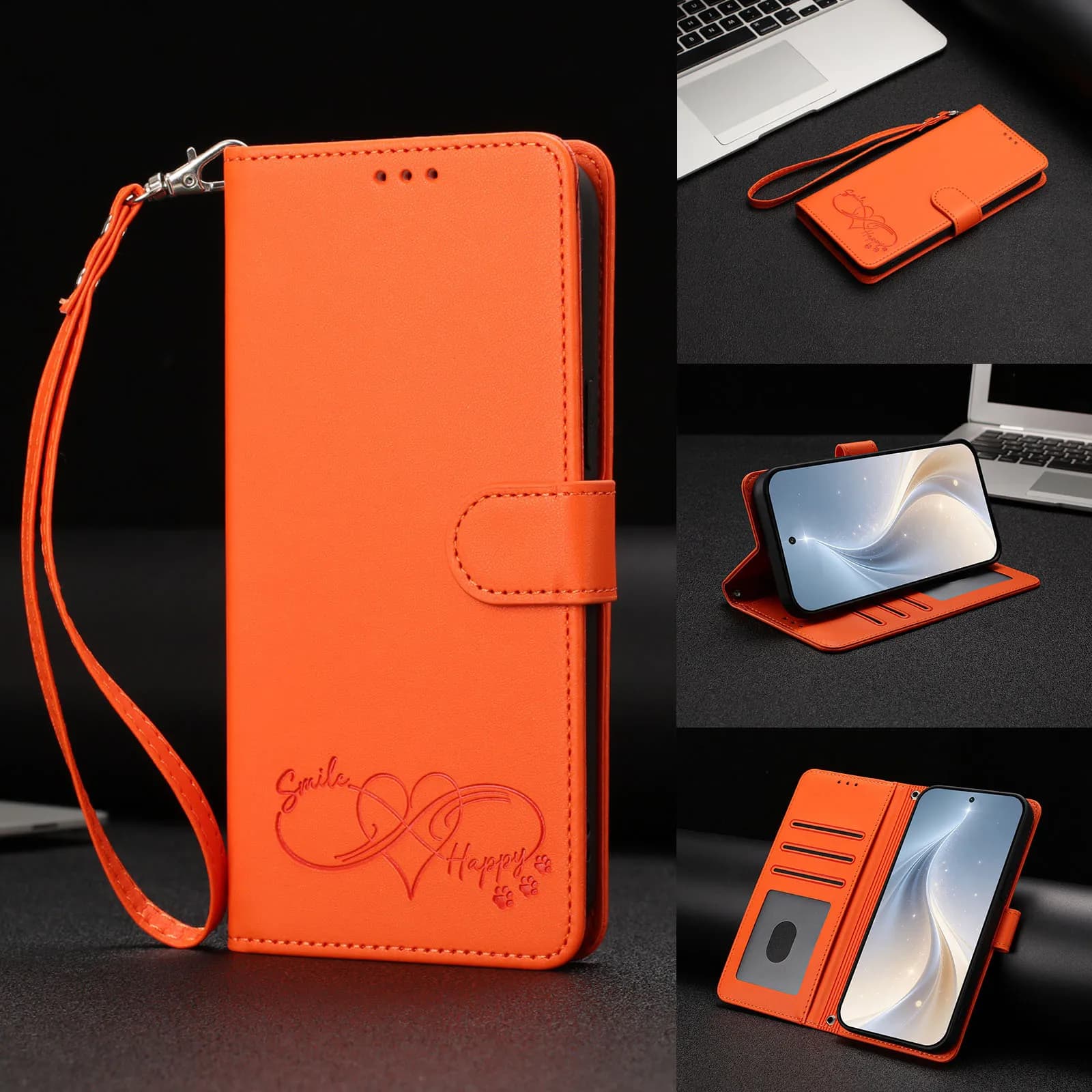 Custodia a libro in pelle Smile Happy per Wiko T60 T20 con laccetto a tracolla, 3 slot per carte e portafoglio da polso