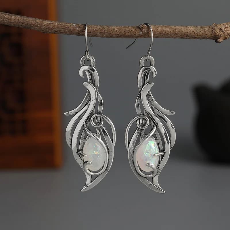 Antique Silver Hollow Flame Shape Dangle Earrings, Teardrop Opal Inlay Retro Ethnic Hook Earrings Bohemian Jewelry for Women Daily Wear