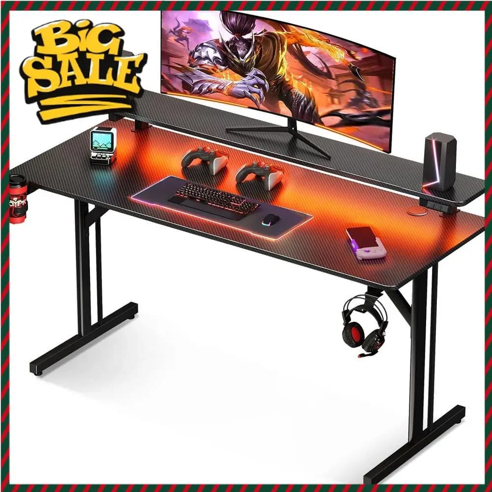 Bestseller Scrivania da Gaming Illuminata a LED 47 Pollici con Supporto per Monitor, Scrivania con Texture in Fibra di Carbonio per Bambini e Adulti