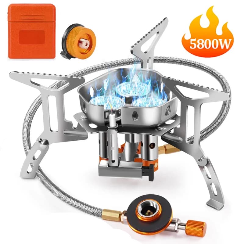 5800W High Power Camping Gas Stove, External Winding Gas Stove, Ideal for Cooking and Hiking - Includes 1 Adapter and Accessories