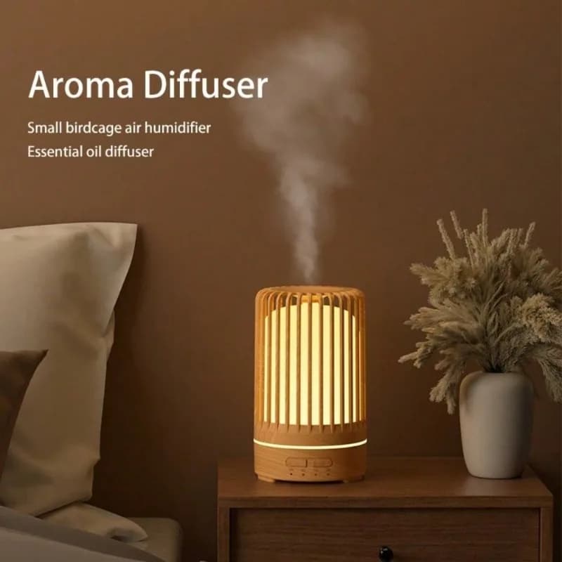 Diffusore di Aromi a Forma di Gabbia per Uccelli con Effetto Legno, Umidificatore Ultrasonico Silenzioso per Casa e Camera da Letto, Deodorante per Ambienti con Oli Essenziali