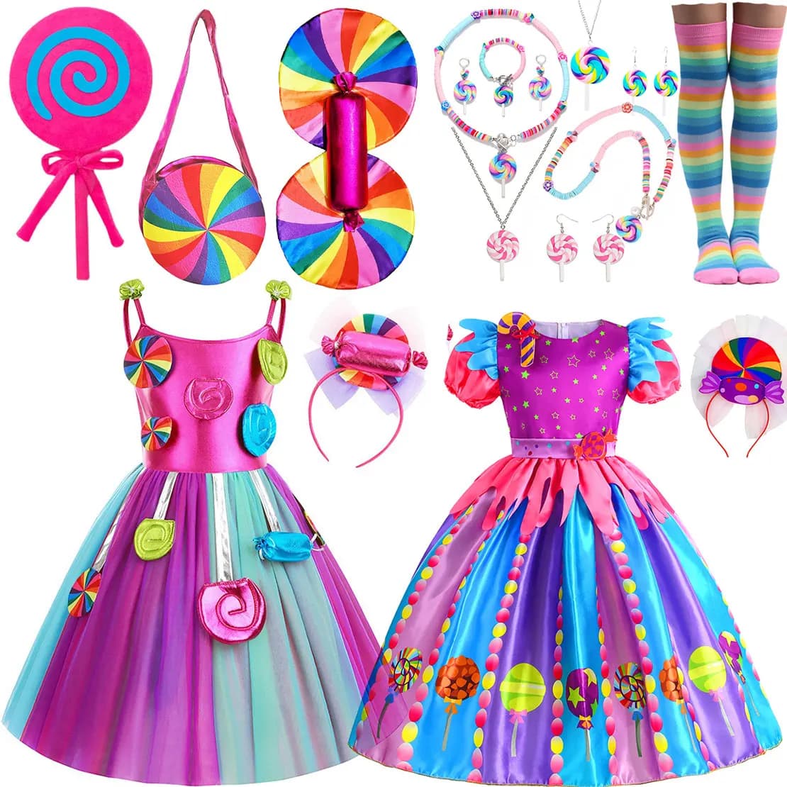 2025 Purim Festival Bretella Arcobaleno Vestito Per La Ragazza Caramella Lecca-lecca Costume Regalo Del Partito Vestito Della Caramella + Lecca-lecca Accessori Vestito