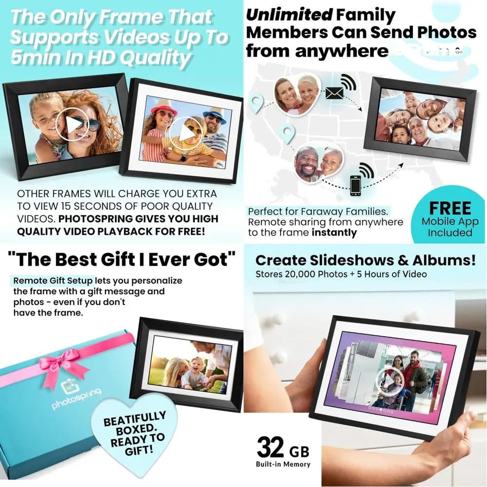 10 cornici per foto digitali WiFi, senza abbonamento, touchscreen da 32 GB, sincronizzazione e-mail, marchio USA, gioca video da 5 minuti