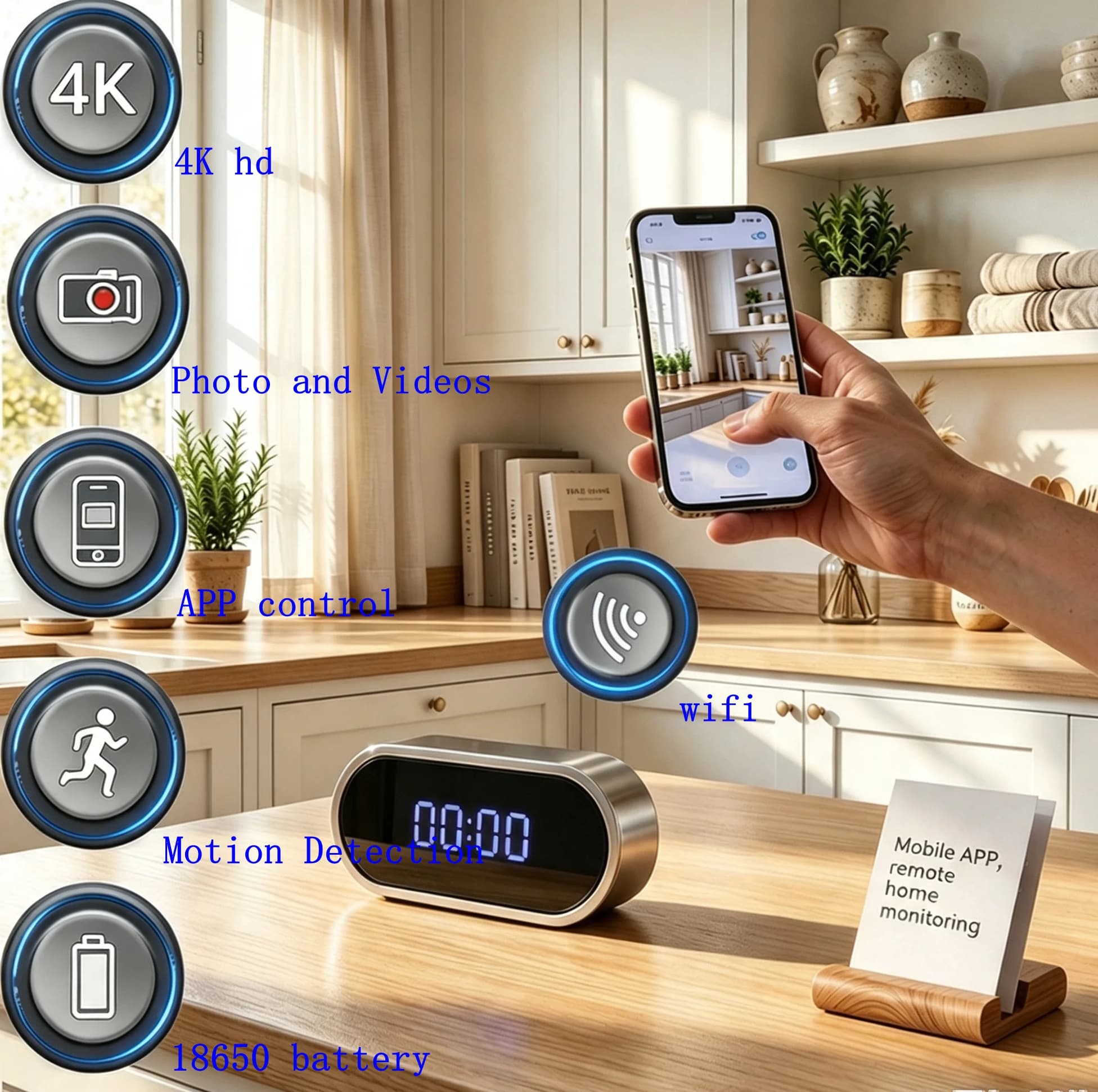 Small Wireless surveillance Portable clock camera,Support motion detection, app control,Built-in battery,digital can be off