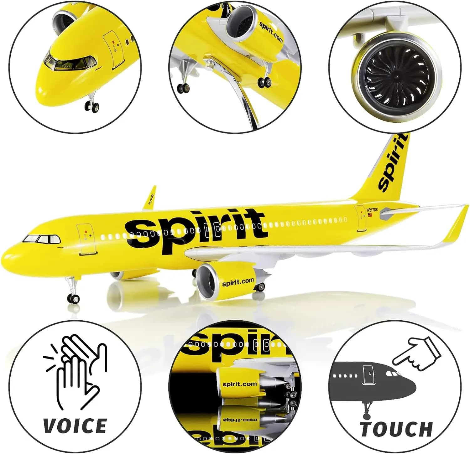 Modellino in Resina di Aereo Spirit Aviation A320 Neo in Scala 1/80, 47cm, da Collezione con Luci e Ruote del Carrello di Atterraggio