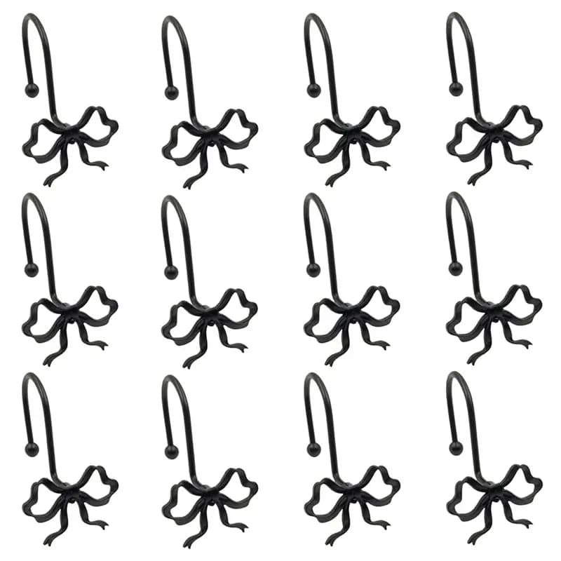 【FAVORITE!】 Fiocco nero per ganci per tende da doccia, 12 anelli decorativi in metallo per bagno, per aste da doccia, design antiruggine