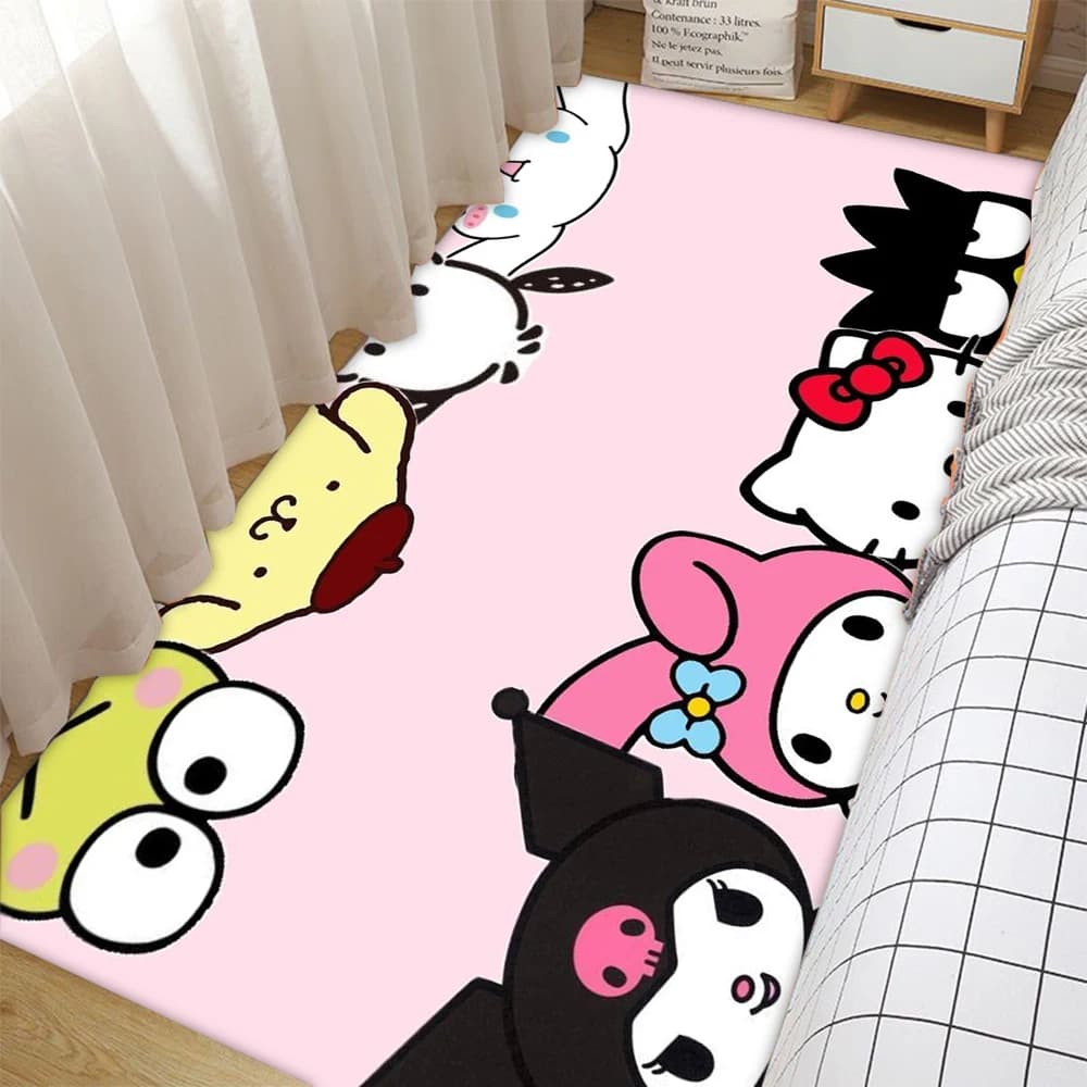 Multi Sanrio Characters Area Rug Non Skid Floor Carpet Leopard Check Bow Heart Print Decor Mat For Living Room Bedroom Decor