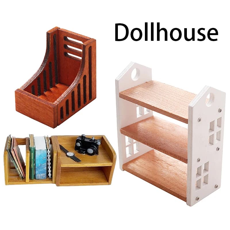 1/12 Mini casa delle bambole in legno porta giornali fotocamera orologio portaoggetti casa delle bambole sala studio mobili arredamento giocattolo