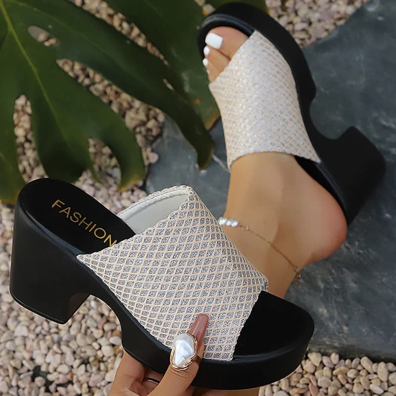 Sandali con plateau intrecciati argento da donna, tacco alto, modello mule, estivi 2026, taglie forti 43, scarpe da spiaggia con tacco spesso