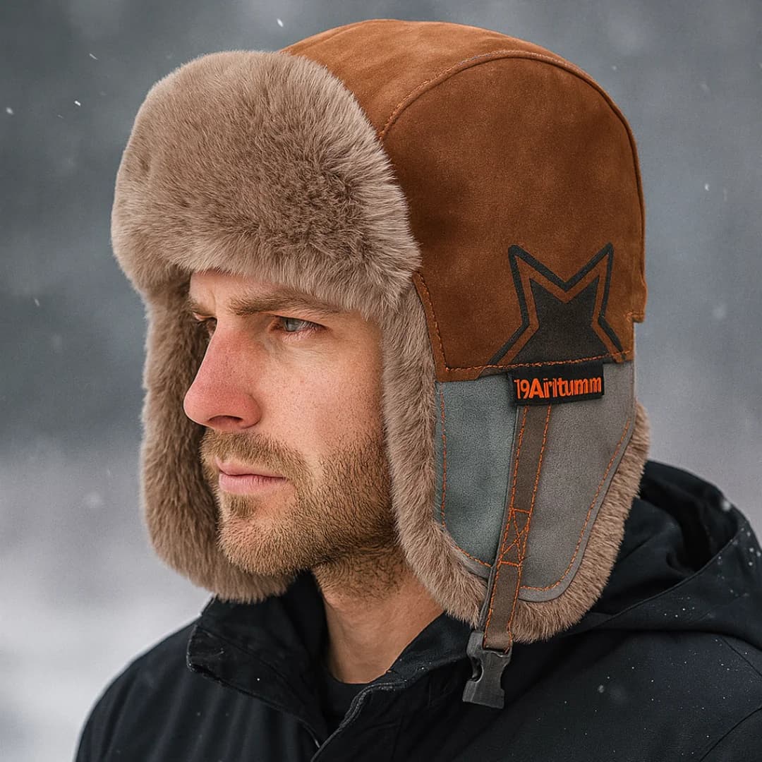 Leather cycling aviator hat with ear protection, thickened cap lined in warm fleece for autumn and winter motorcycling
