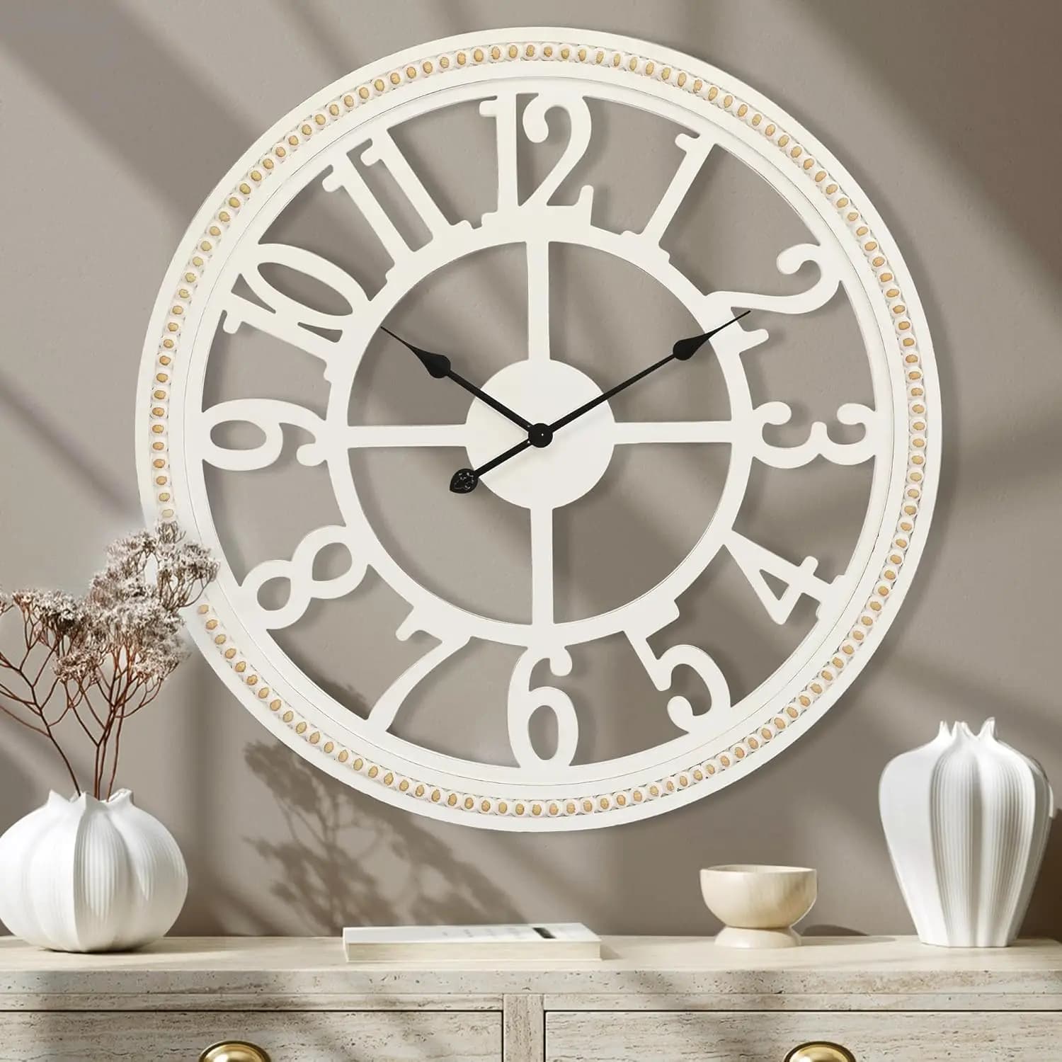 Grande Orologio da Parete Silenzioso in Legno da 30 Pollici con Perline Boho, Numeri Romani Facili da Leggere per Arredamento Casa