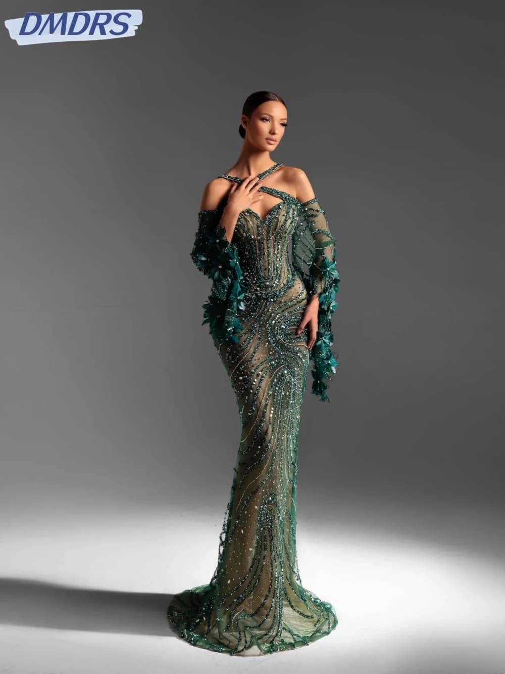 Abbagliante abito da sera a sirena con perline verdi per le donne Illusion con spalle scoperte Abito da festa di nozze Abiti da ballo graziosi personalizzati