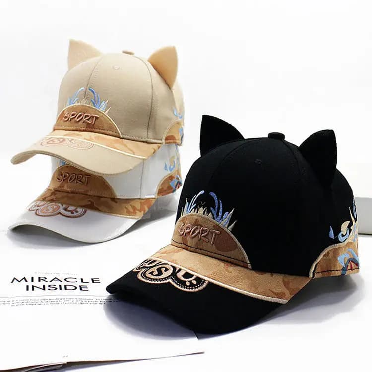 Cappello da baseball casual alla moda con ricamo a orecchie di gatto, da donna, primaverile ed estivo, con visiera parasole che valorizza il viso, a tesa larga, di tendenza