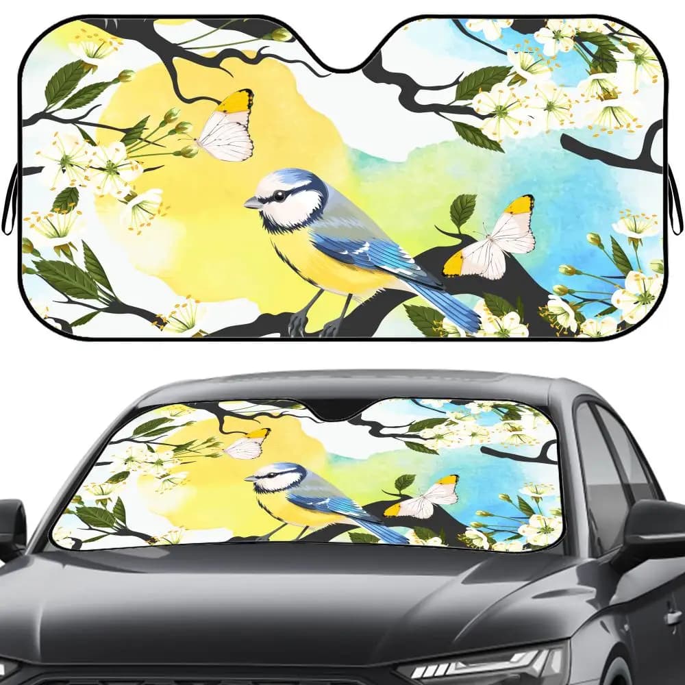 Parasole per Parabrezza con Disegni di Uccelli e Fiori in Acquerello, Riutilizzabile, in Foglio di Alluminio, Protezione UV, Isolamento Termico a Cinque Strati