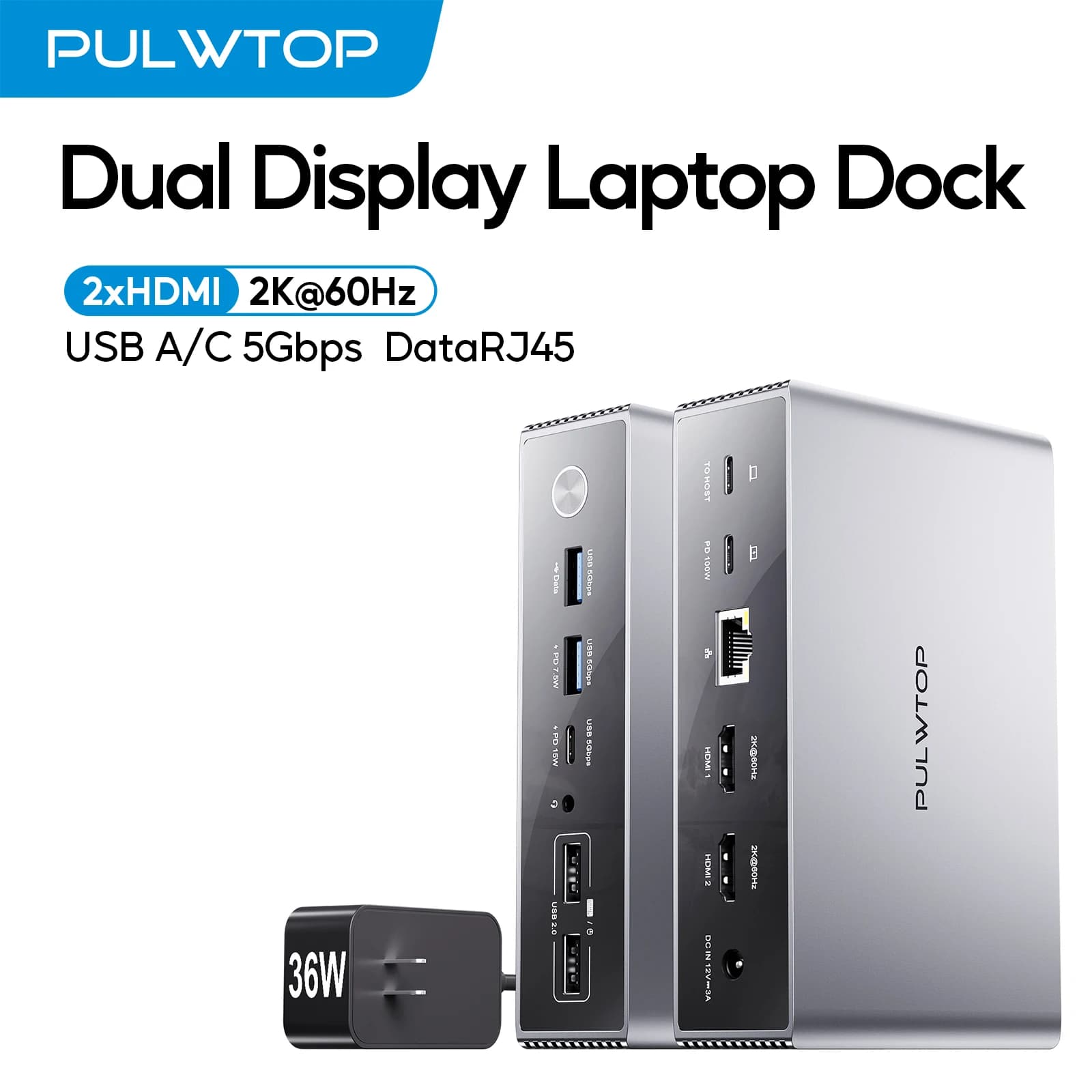 Docking station PULWTOP USB C DisplayLink, dock per laptop a doppio display con 2 HDMI 2K a 60 Hz, dati USB A/C 5 Gbps, RJ45, PD 100 W