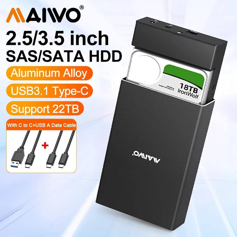 Custodia esterna MAIWO SAS/SATA Custodia SSD/HDD da 2,5/3,5 pollici Espansione di archiviazione SAS a USB3.1 Type-C Gen2 Plug and Play per laptop