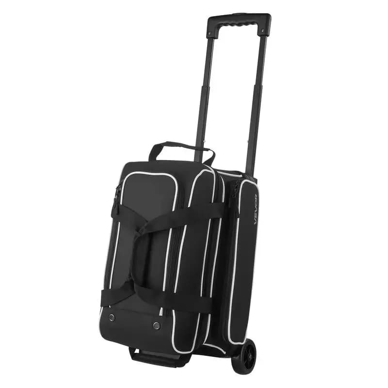 Bowling ball bag for 2 balls with double wheels & separate compartment for shoes (up to US size 16) & oversized accessory pocket, retractable handle extends to 105 cm, black + white