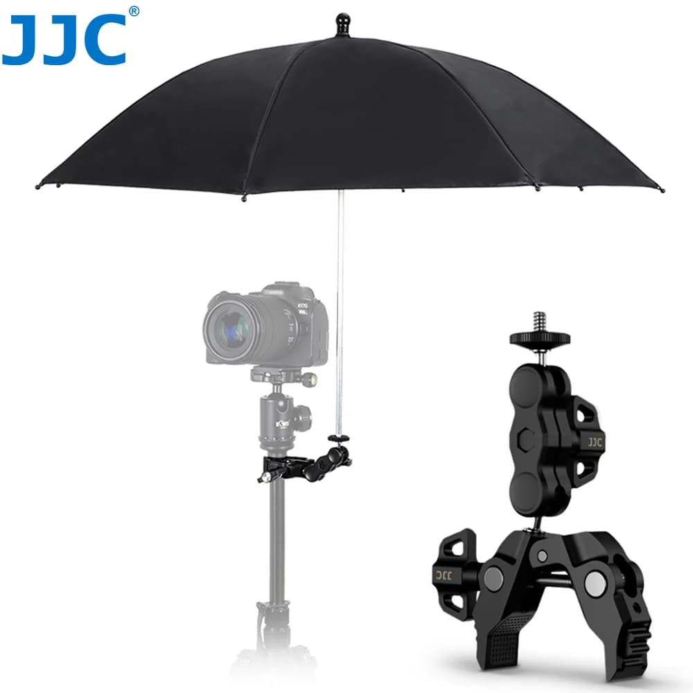 Treppiede per Fotocamera JJC con Ombrello e Super Clamp 360 ° Parapioggia e Parasole Regolabile per Fotocamera Canon Sony Fuji per Fotografia all'Aperto