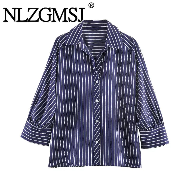 Camicie a righe casual da donna NLZGMSJ 2026 Primavera, con colletto a risvolto e chiusura monopetto, nuove camicie alla moda High Street